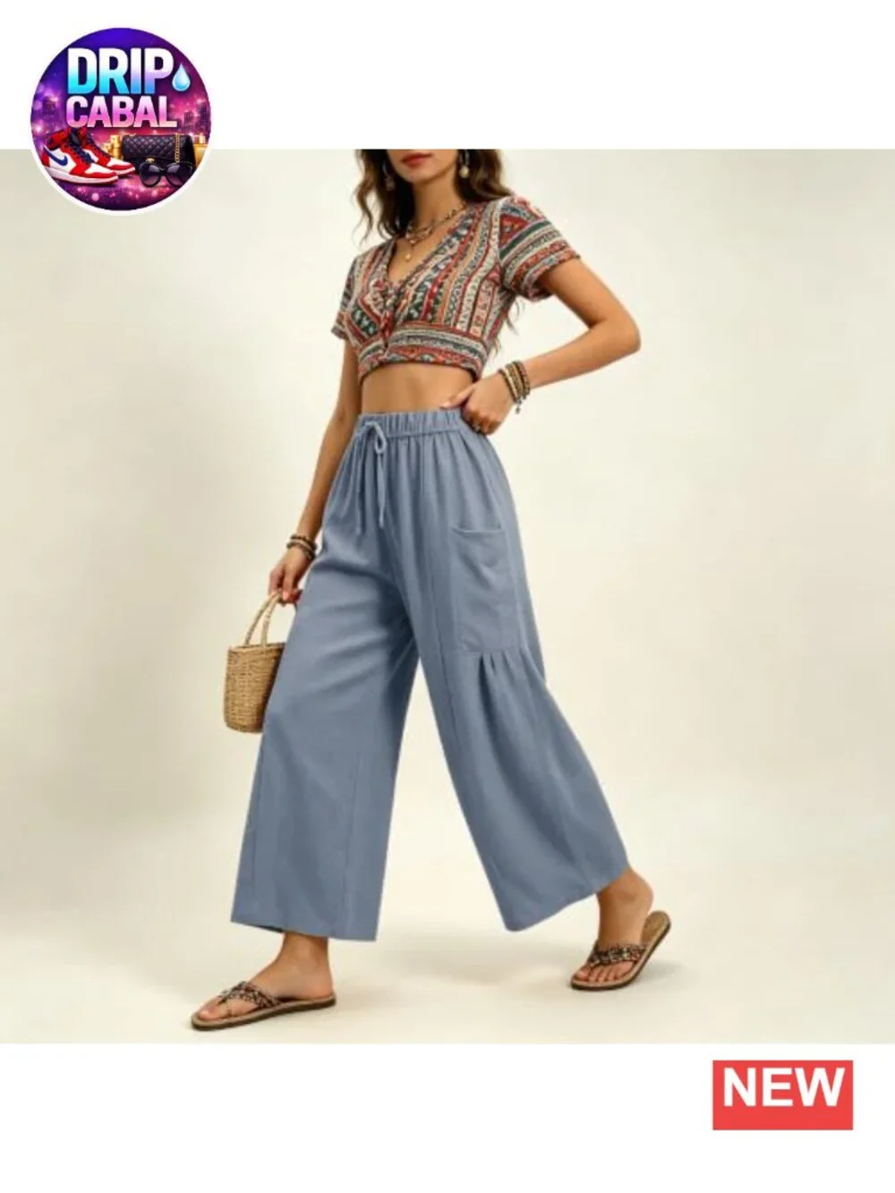 Wide Leg Cropped Pants Drawstring Casual Palazzo Lounge Trousers with Pockets